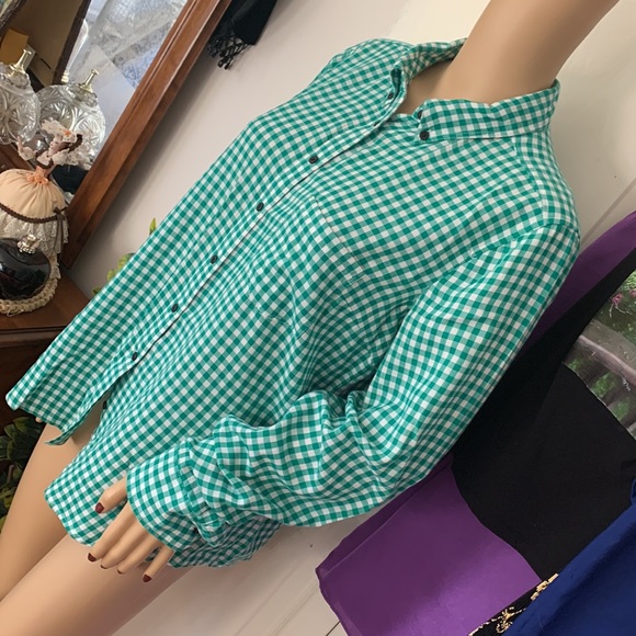 Green gingham button down cotton long sleeve shirt slim fit large - Picture 10 of 14